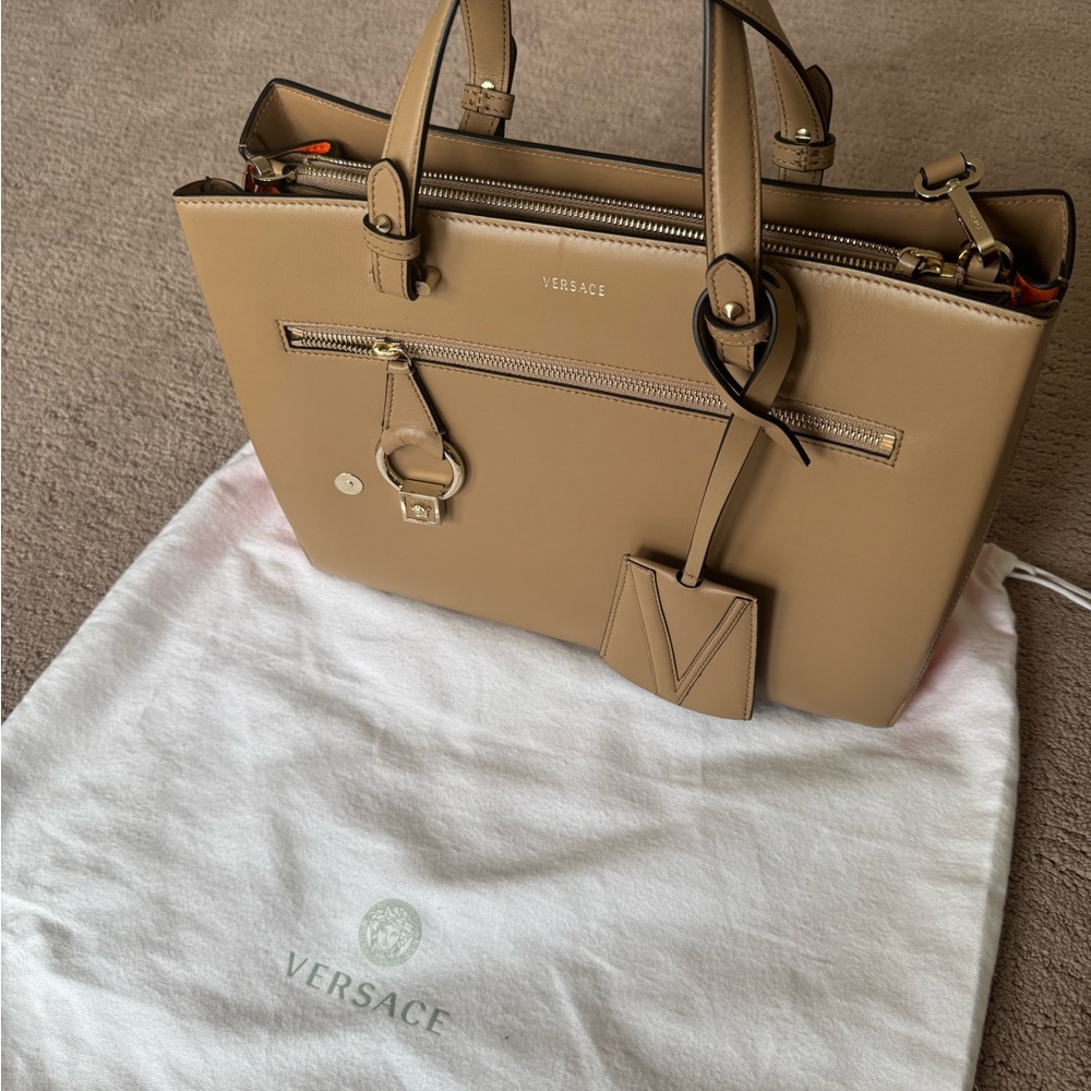 Versace Tan Satchel with Gold Hardware